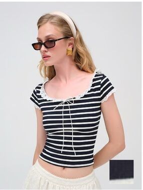 For Love & Lemons Striped Lace Bow Crop Top